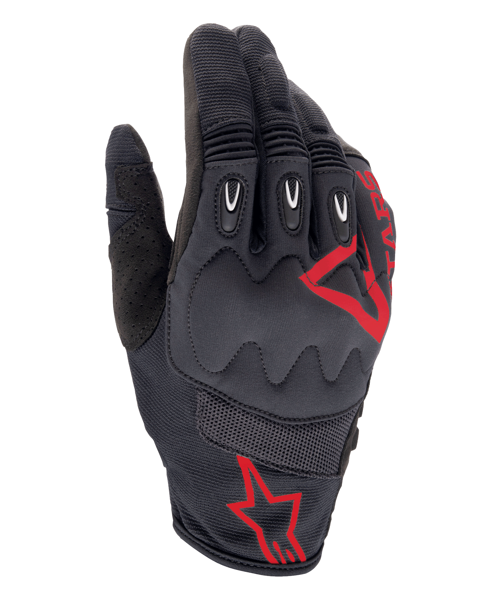 Alpinestars Techdura handsker, Fire Red Black, motocross- og enduro-handsker, sort tekstureret stof med røde stjernelogoer, forstærket kno- og fingerbeskyttelse, åndbare mesh-paneler, slidstærkt off-road motorcykeludstyr