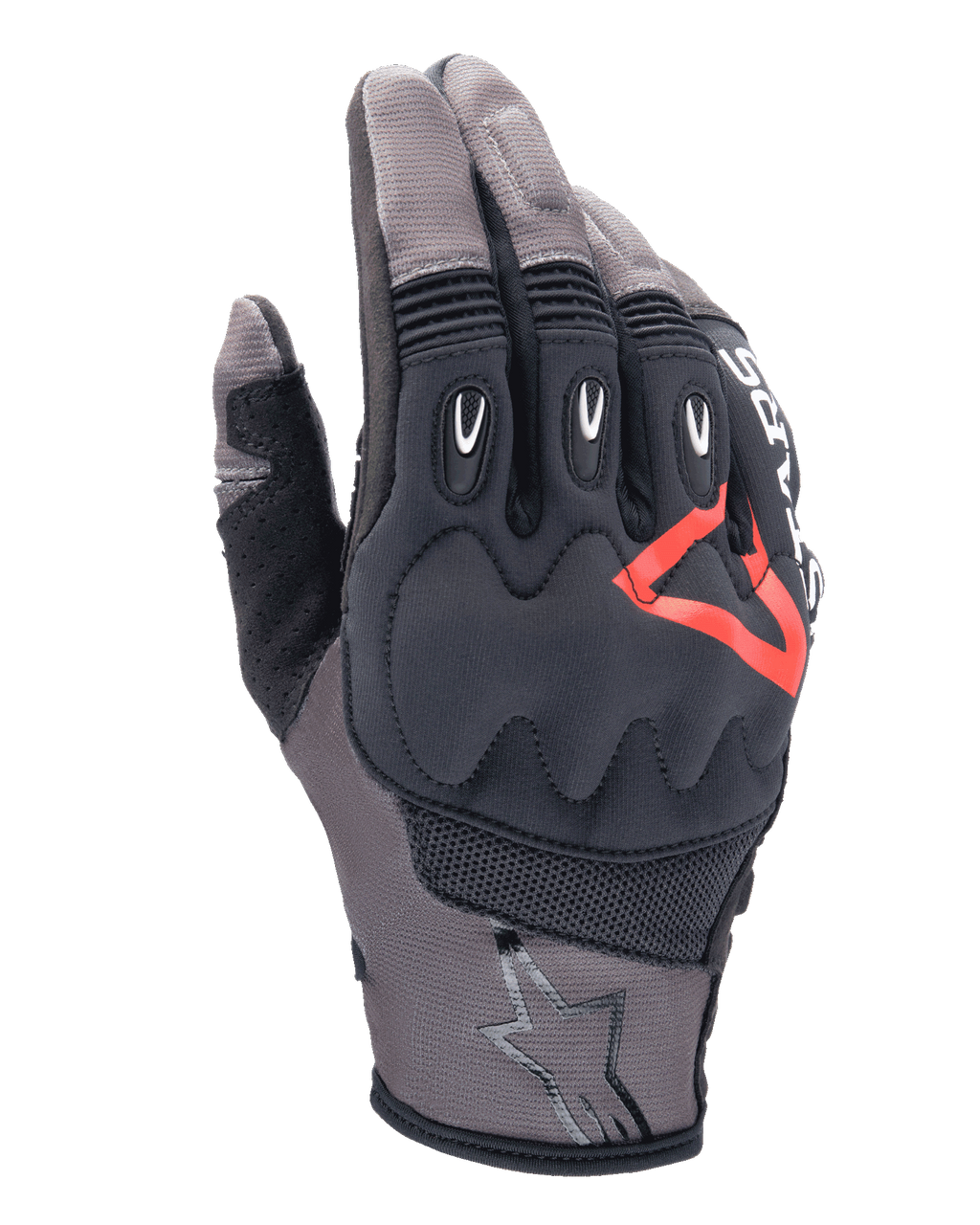Alpinestars Techdura handsker, motorcykelhandsker, Falcon brun og sort med røde detaljer, polstret knobeskyttelse, åndbart mesh- og strækstof, beskyttende fingerindlæg, stjernelogo på manchetten