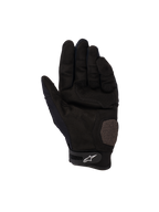 Alpinestars Megawatt V2 handsker, motocross- og endurohandsker, sort, håndfladevisning der viser forstærkede sektioner på håndflade og tommelfinger, perforeret tekstur til ventilation, velcro-håndledsrem med hvidt Alpinestars-logo