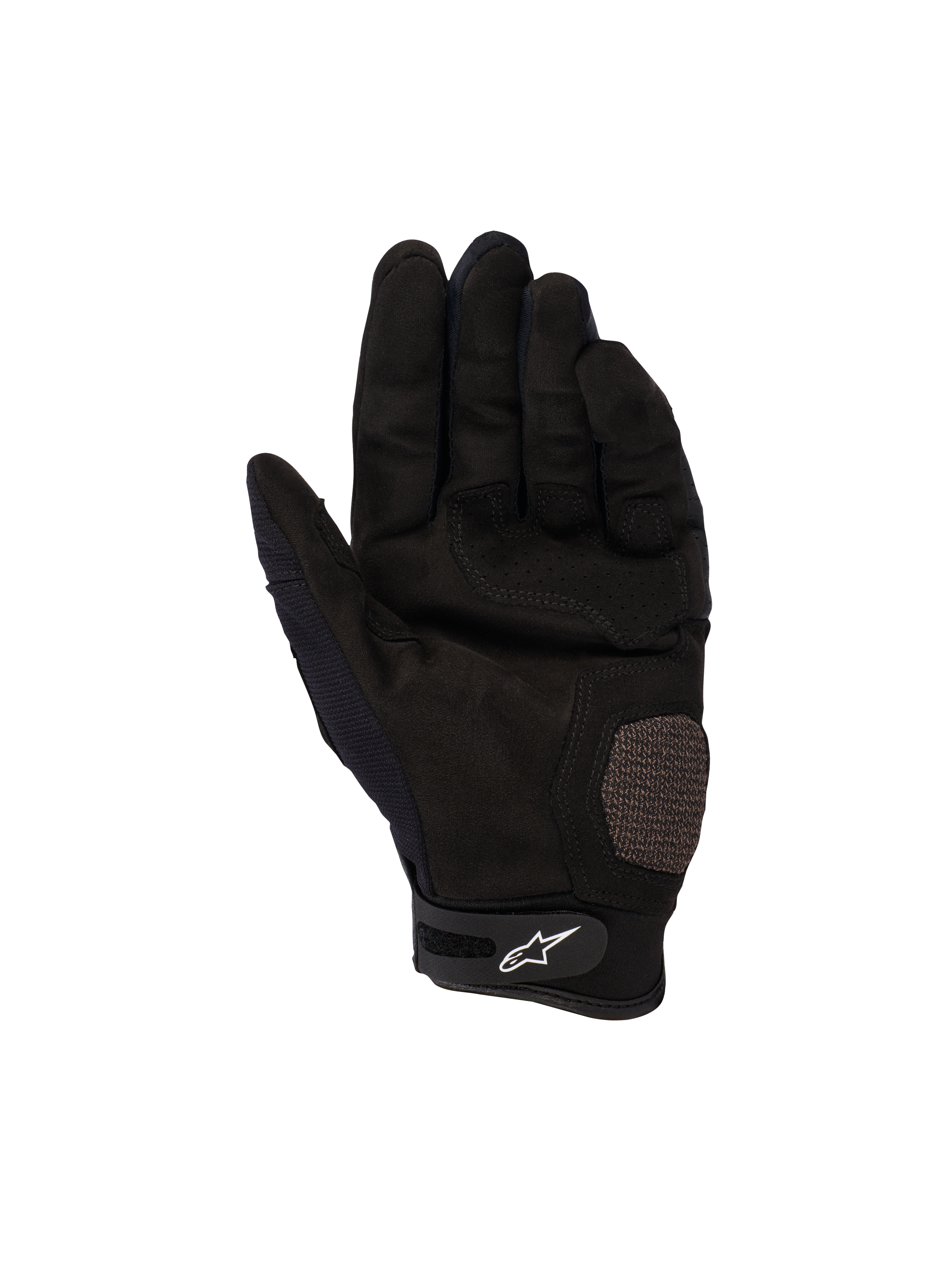 Alpinestars Megawatt V2 handsker, motocross- og endurohandsker, sort, håndfladevisning der viser forstærkede sektioner på håndflade og tommelfinger, perforeret tekstur til ventilation, velcro-håndledsrem med hvidt Alpinestars-logo