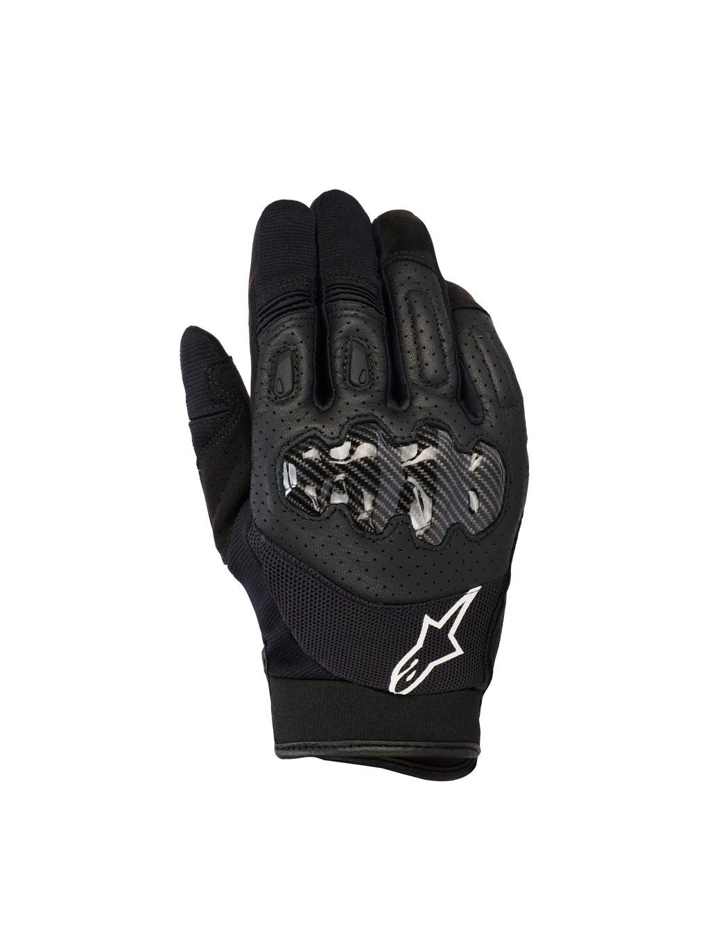 Alpinestars Megawatt V2 handsker, motocross- og endurohandsker, sort, med hård knobeskytter i carbon-look finish, perforeret læder på håndryggen for åndbarhed, hvidt Alpinestars-logo på manchetten, slidstærk off-road beskyttelse