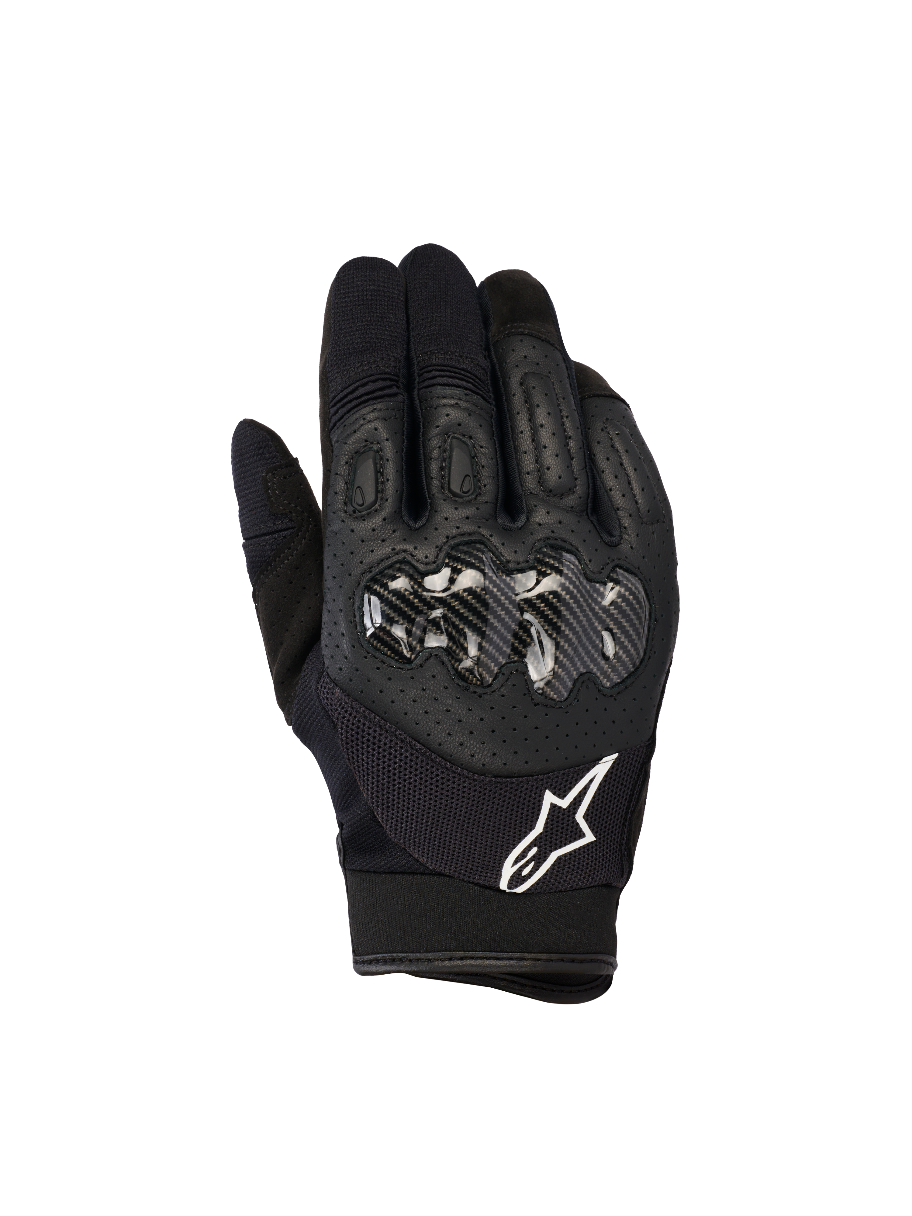 Alpinestars Megawatt V2 handsker, motocross- og endurohandsker, sort, med hård knobeskytter i carbon-look finish, perforeret læder på håndryggen for åndbarhed, hvidt Alpinestars-logo på manchetten, slidstærk off-road beskyttelse