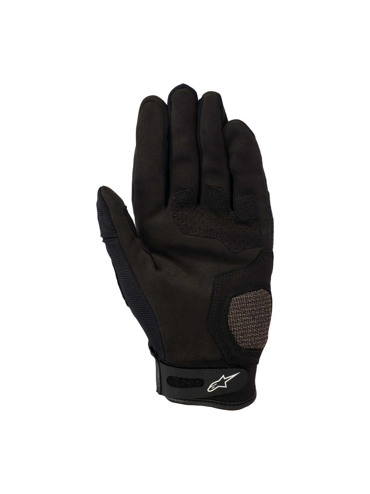 Alpinestars Megawatt V2 handsker, motocross- og endurohandsker, sort, håndfladevisning med forstærkede tommelfinger- og håndfladeområder, perforerede detaljer for luftgennemstrømning og velcro-håndledslukning med Alpinestars-logo.