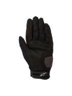 Alpinestars Megawatt V2 handsker, motocross- og endurohandsker, sort, håndfladevisning med forstærkede tommelfinger- og håndfladeområder, perforerede detaljer for luftgennemstrømning og velcro-håndledslukning med Alpinestars-logo.