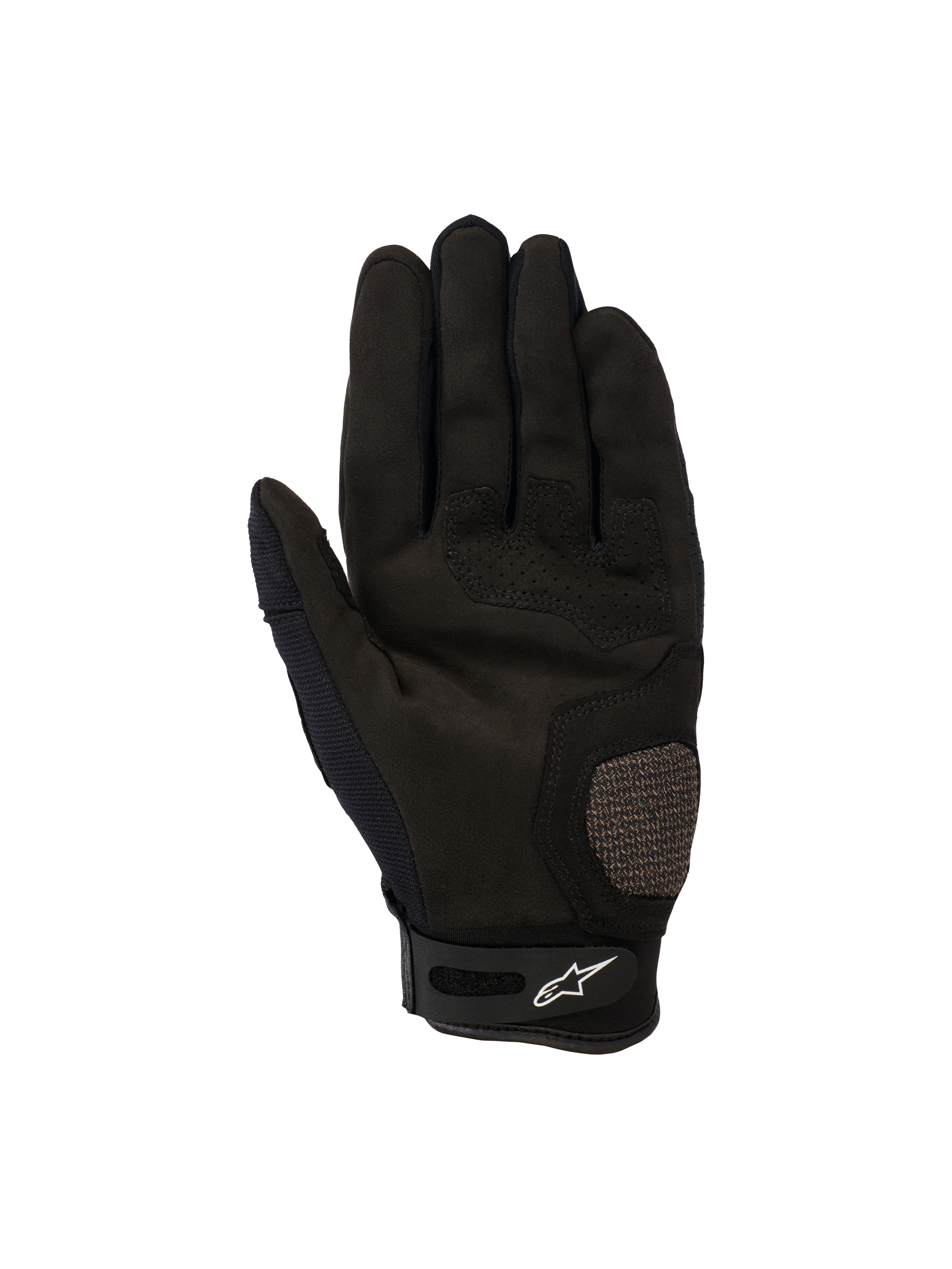 Alpinestars Megawatt V2 handsker, motocross- og endurohandsker, sort, håndfladevisning med forstærkede tommelfinger- og håndfladeområder, perforerede detaljer for luftgennemstrømning og velcro-håndledslukning med Alpinestars-logo.