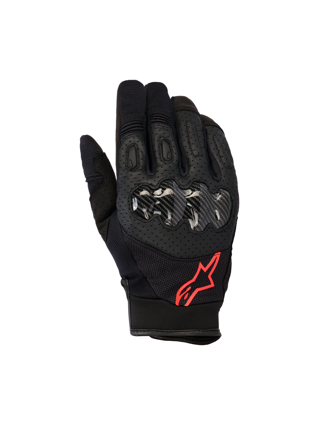 Alpinestars Megawatt V2 handsker, motocrosshandsker, sort og rød fluo, med hård knobeskyttelse i kulfiber-tekstur, perforeret læder til ventilation, rødt stjernelogo, slidstærkt off-road udstyr