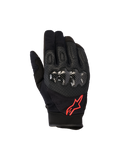 Alpinestars Megawatt V2 handsker, motocrosshandsker, sort og rød fluo, med hård knobeskyttelse i kulfiber-tekstur, perforeret læder til ventilation, rødt stjernelogo, slidstærkt off-road udstyr
