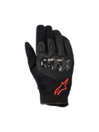 Alpinestars Megawatt V2 handsker, motocrosshandsker, sort og rød fluo, med hård knobeskyttelse i kulfiber-tekstur, perforeret læder til ventilation, rødt stjernelogo, slidstærkt off-road udstyr