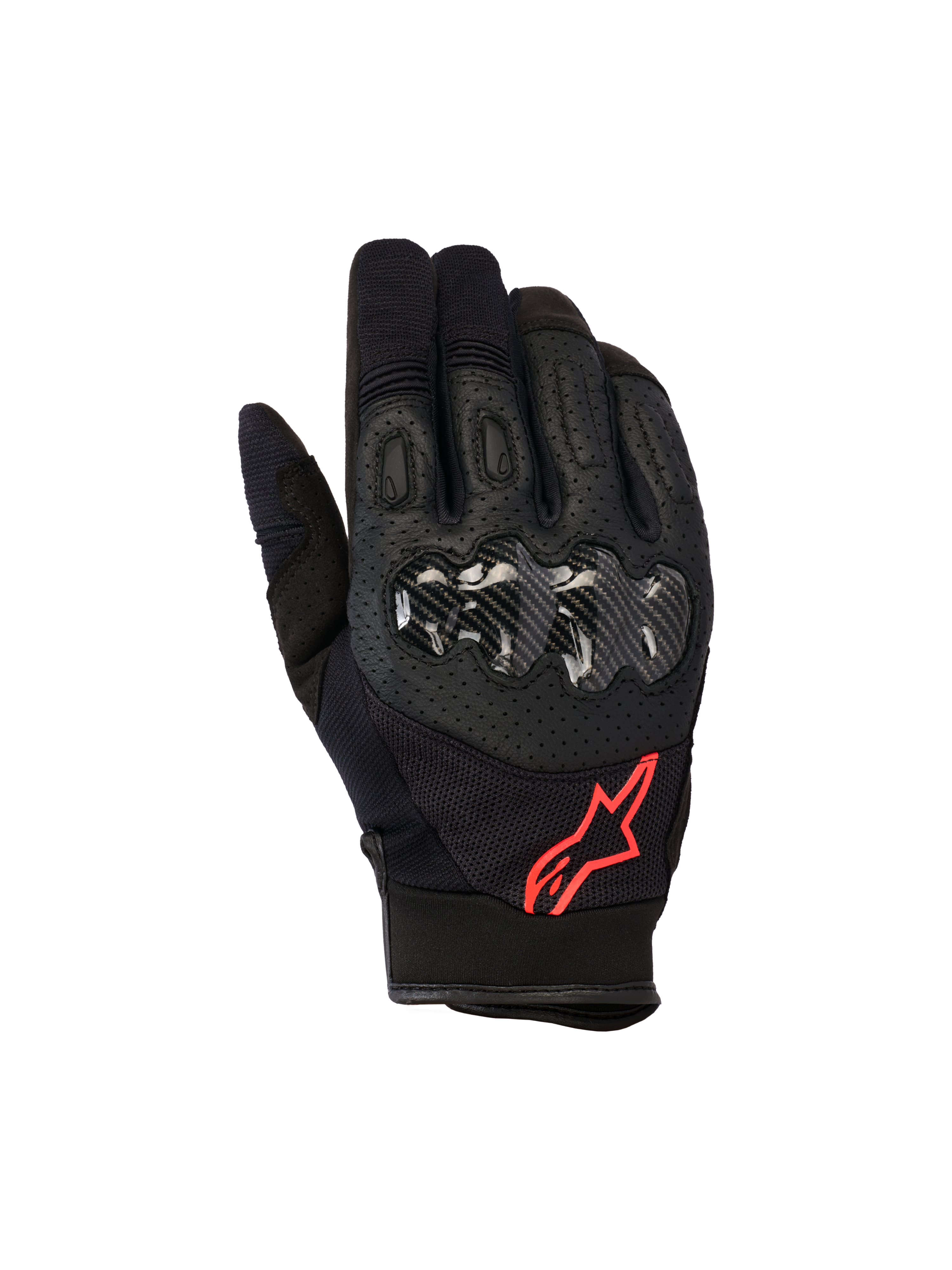 Alpinestars Megawatt V2 handsker, motocrosshandsker, sort og rød fluo, med hård knobeskyttelse i kulfiber-tekstur, perforeret læder til ventilation, rødt stjernelogo, slidstærkt off-road udstyr