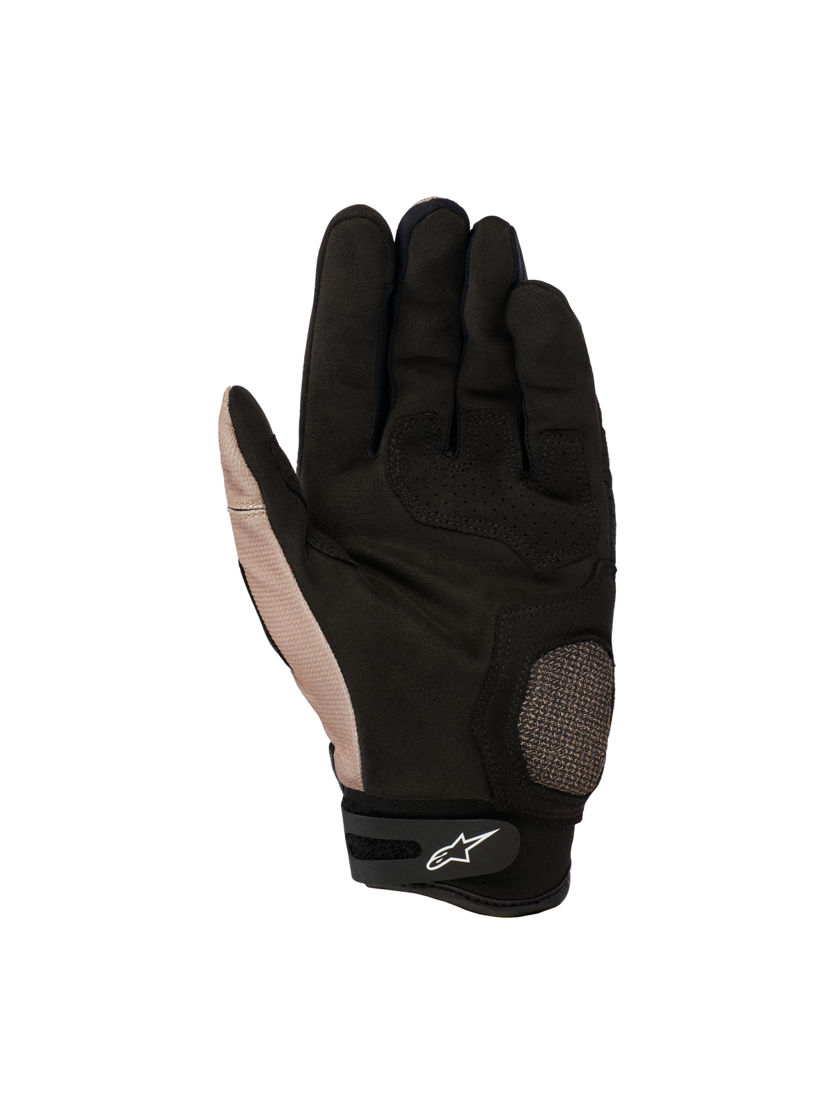 Alpinestars Megawatt V2 handsker, off-road motocrosshandsker, Stone Black, håndfladevisning der viser forstærket tommelfinger- og håndfladeområde, tekstureret greb, velcrolukning ved håndleddet med hvidt Alpinestars-logo