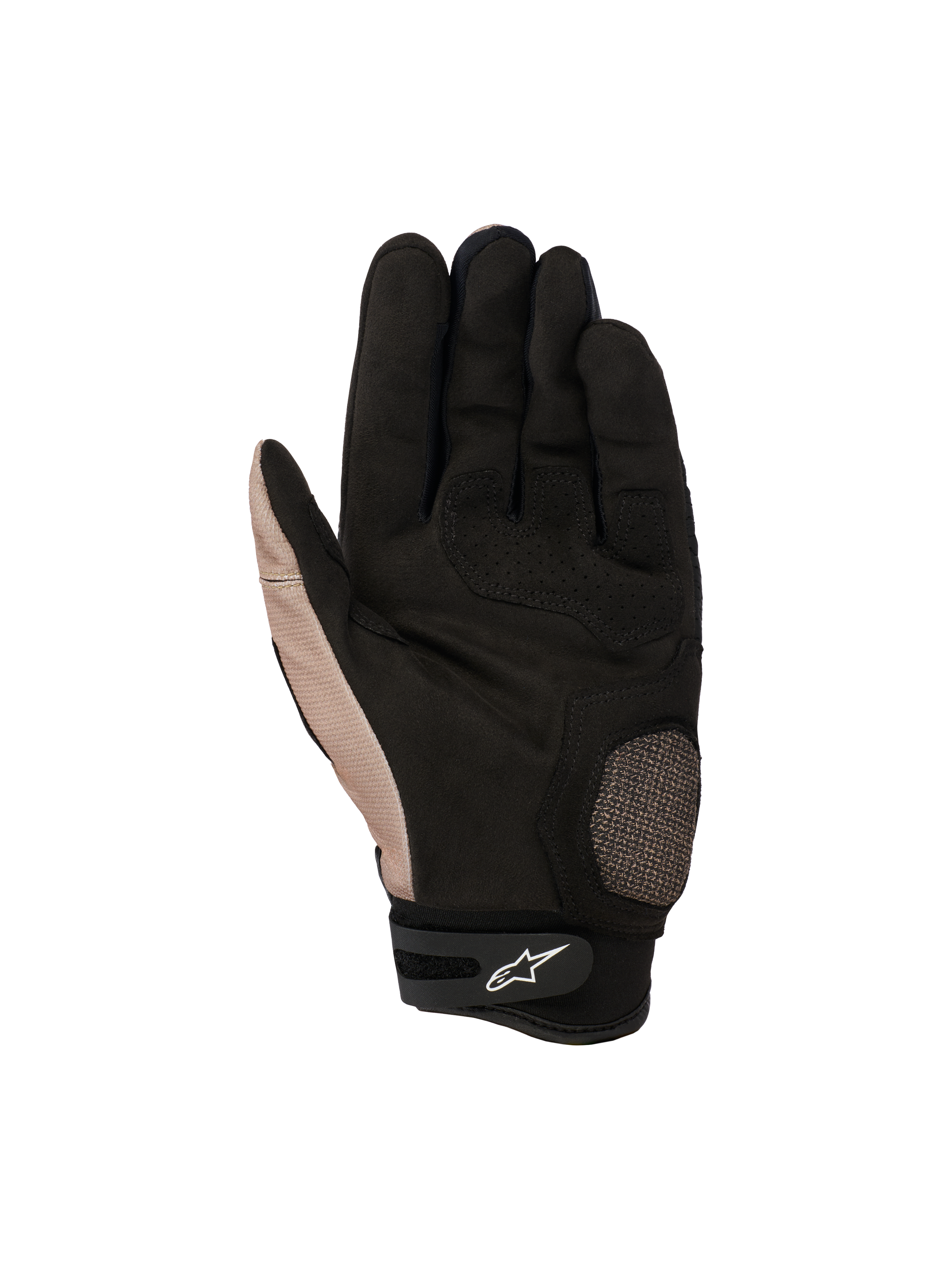 Alpinestars Megawatt V2 handsker, off-road motocrosshandsker, Stone Black, håndfladevisning der viser forstærket tommelfinger- og håndfladeområde, tekstureret greb, velcrolukning ved håndleddet med hvidt Alpinestars-logo