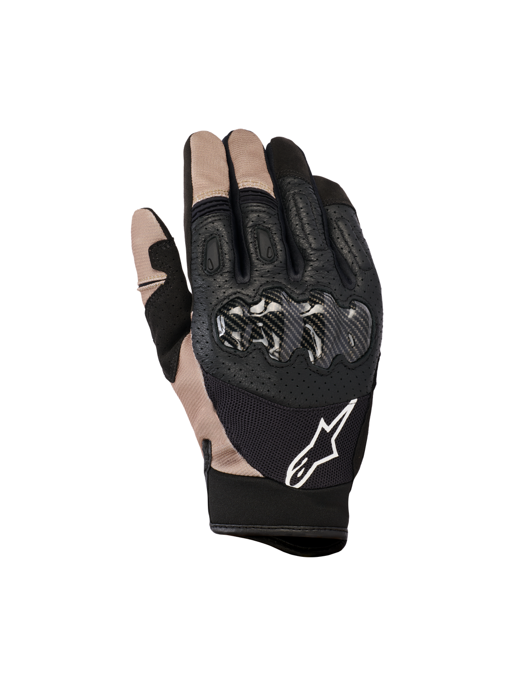 Alpinestars Megawatt V2 handsker, motocross- og endurohandsker, Stone Black og beige, knobeskyttelse i kulfiber, konstruktion i perforeret læder og mesh, hvidt Alpinestars-logo