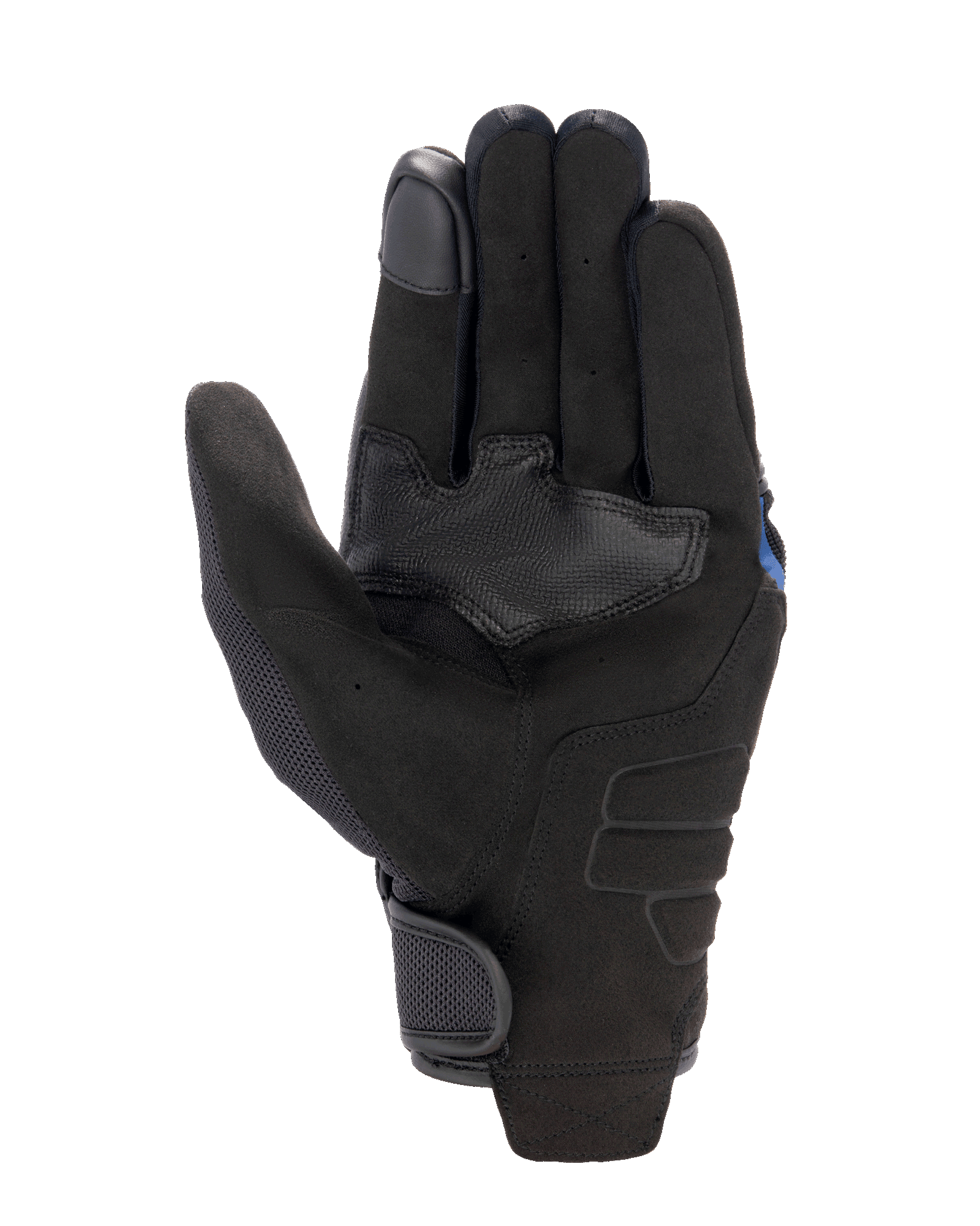 Alpinestars FQ20 Copper-handsker, urbane motorcykelhandsker, sort, håndfladevisning med syntetisk ruskindsmateriale, tekstureret grebsforstærkning, mesh-paneler på tommelfingeren og krog-og-løkke håndledslukning.