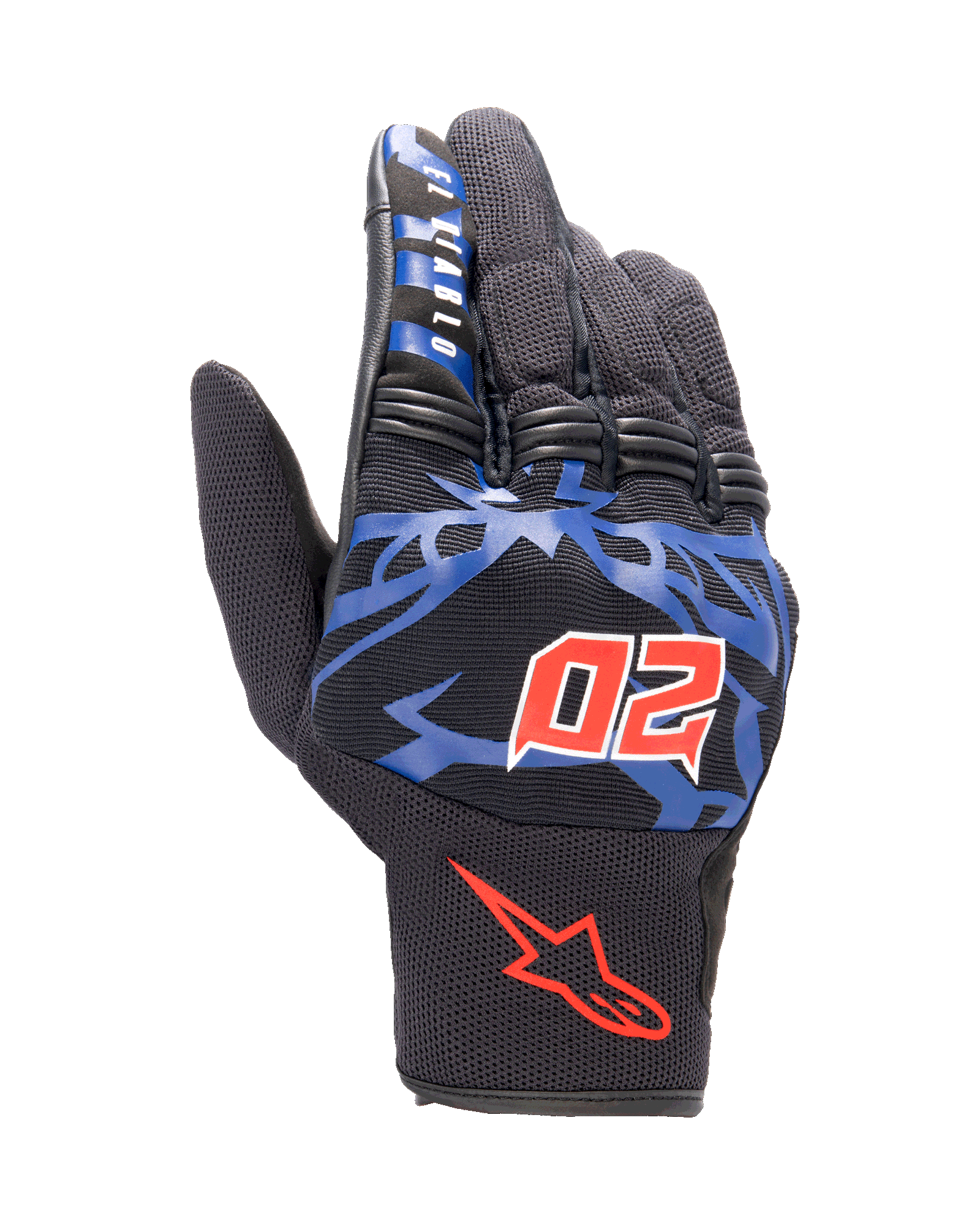 Alpinestars FQ20 Copper-handsker, urbane motorcykelhandsker, sort med blå grafik og klare røde detaljer, med det røde hornede nummer 20 og "El Diablo"-tekst på pegefingeren, mesh-konstruktion med et kort manchet-design