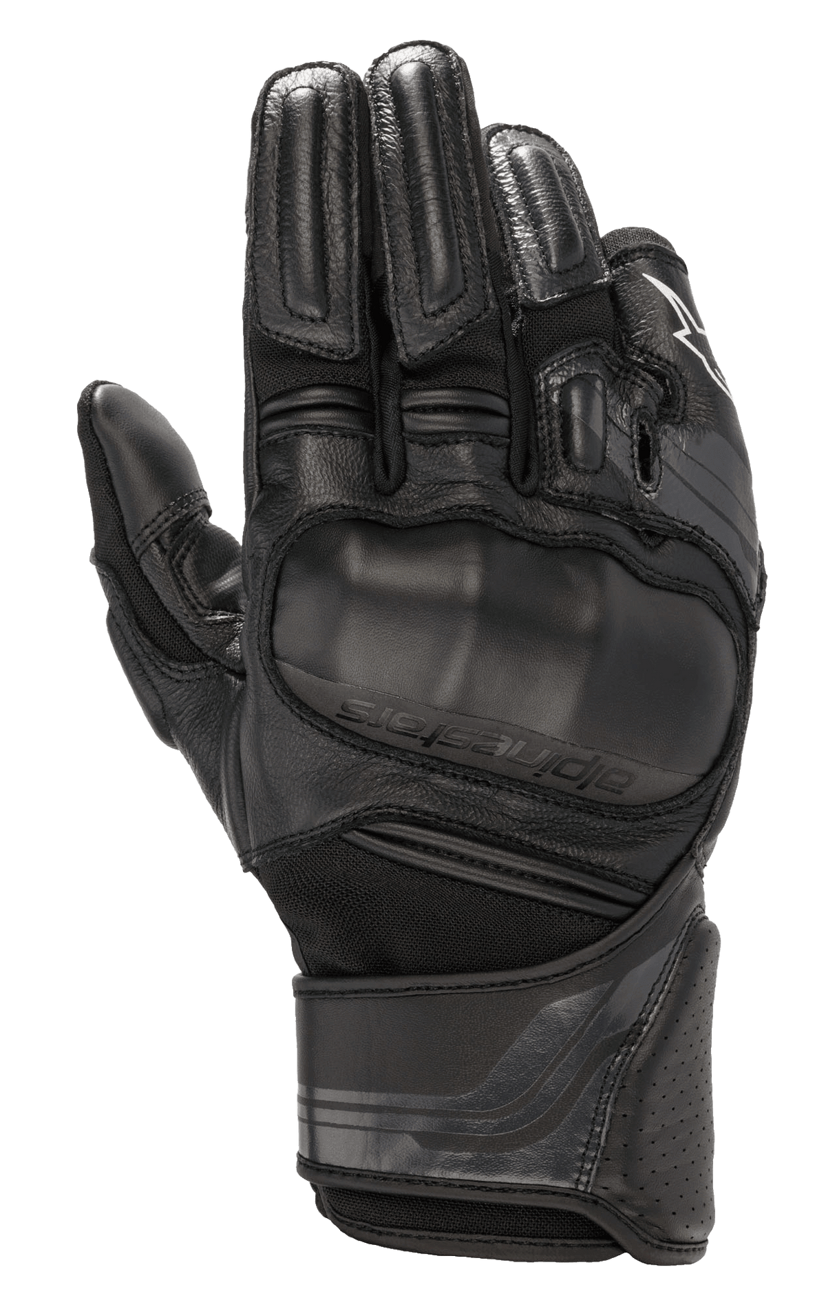 Alpinestars Booster V2 handsker, sorte motorcykelhandsker, overstøbt viskoelastisk knobeskytter, multipanel-konstruktion i læder og tekstil, polstret fingerbeskyttelse, perforeret lædermanchet, justerbar håndledsrem