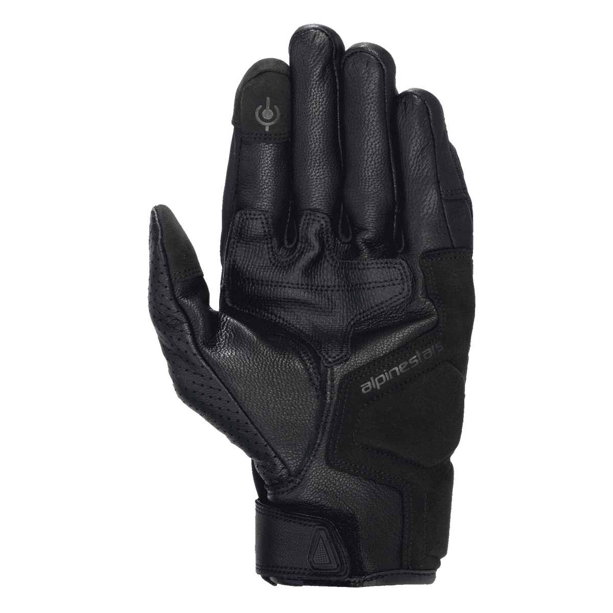 Alpinestars Celer V3 Gloves, Black Leather Motorcycle Gloves, Palm View showing reinforced padding and touchscreen-compatible fingertip, durable goat leather with subtle Alpinestars branding, short cuff road riding gear