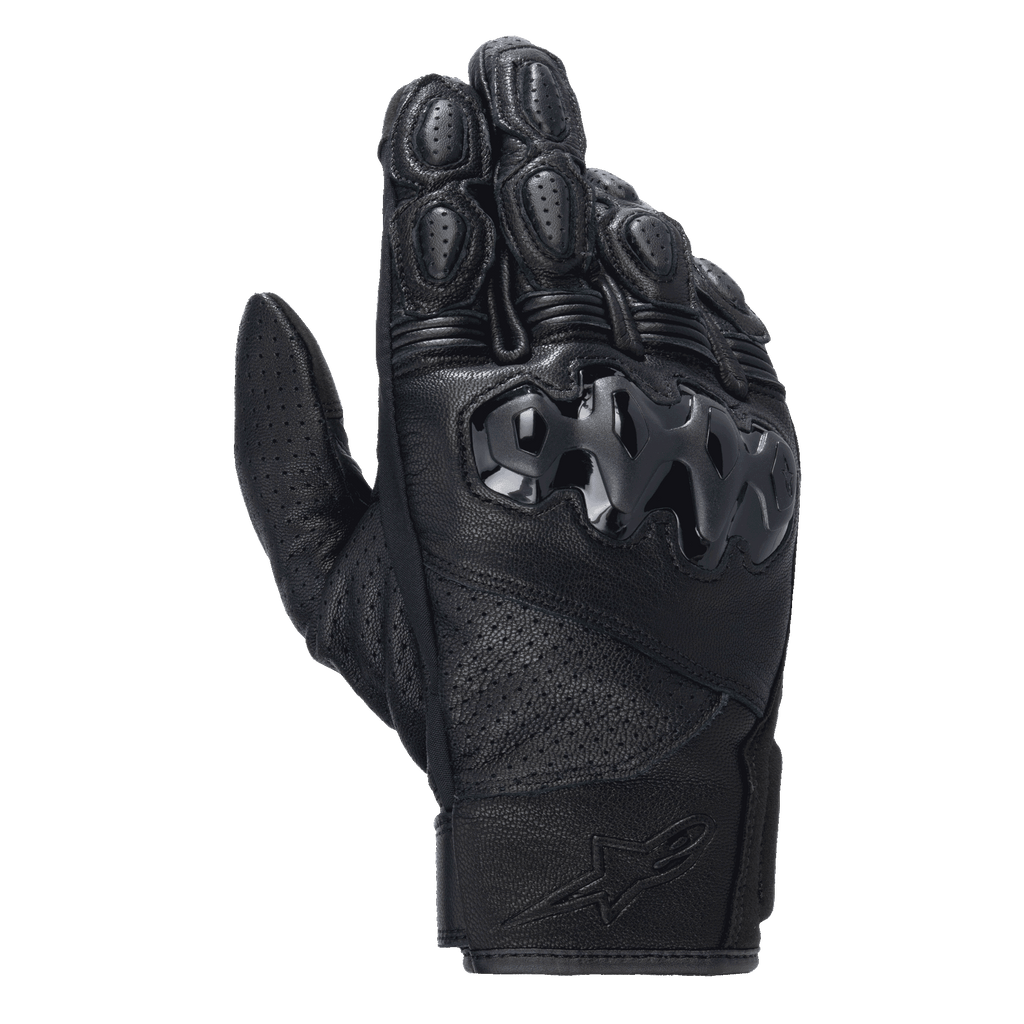 Alpinestars Celer V3 Gloves, Short Cuff Leather Motorcycle Gloves, Black, featuring hard PU knuckle protection and perforated leather panels, designed for road and urban riding with embossed branding