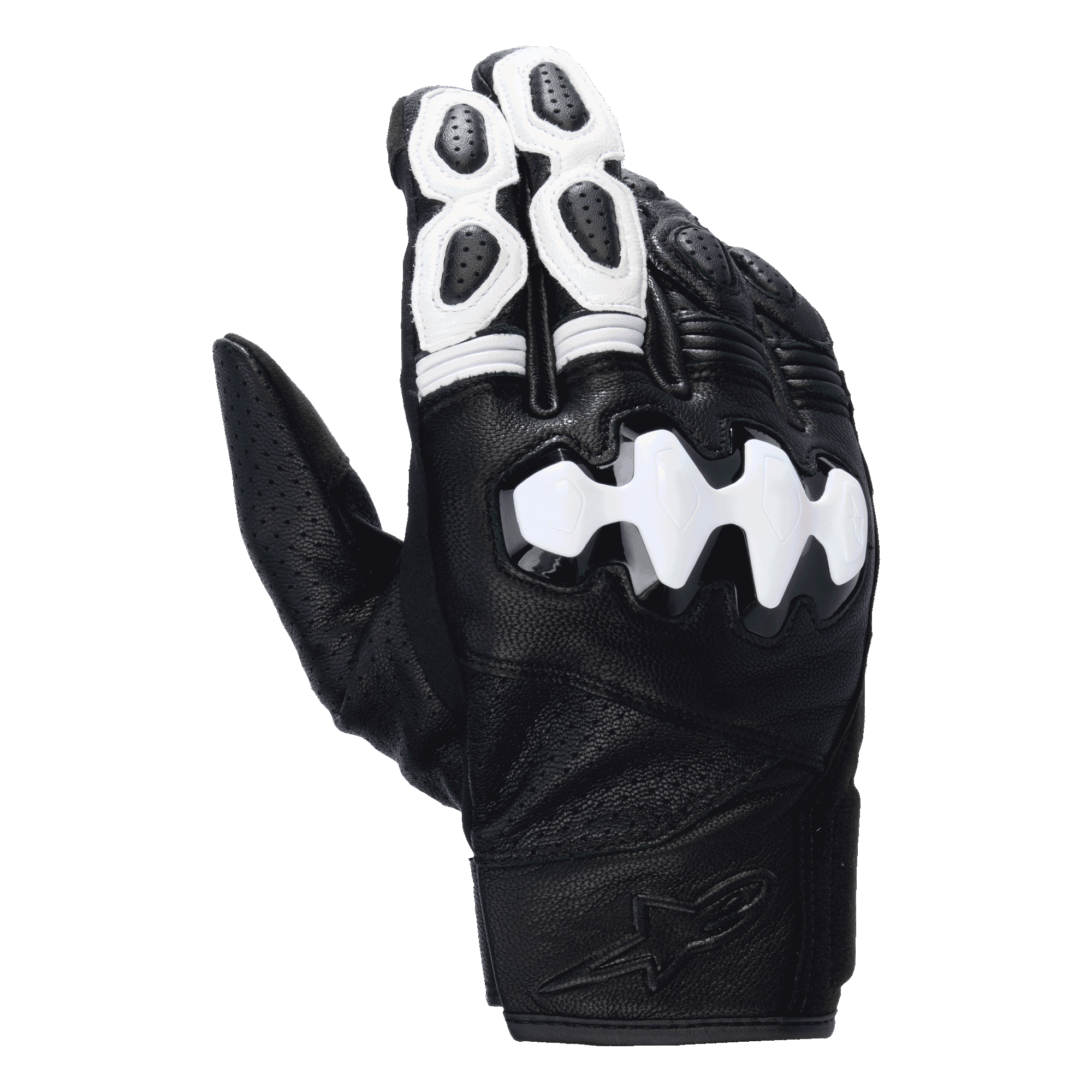 Alpinestars Celer V3 Gloves, Short Cuff Motorcycle Gloves, Black and White, featuring a white segmented hard knuckle protector, perforated goat leather construction, and white accents on the fingers with an embossed logo on the wrist