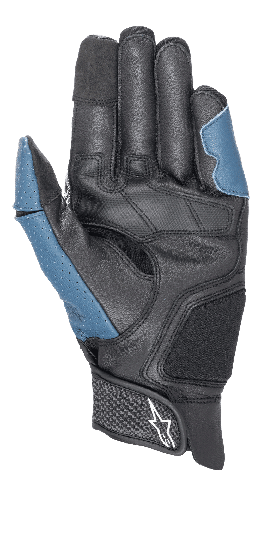 Alpinestars Morph Sport-handsker, set fra håndfladen, Sort og Blå Sodalite, med forstærket læderhåndflade, perforerede blå paneler på tommelfingeren og ydersiden, kort manchet med velcrolukning og Alpinestars-logo, performance-udstyr til sport og landevejskørsel