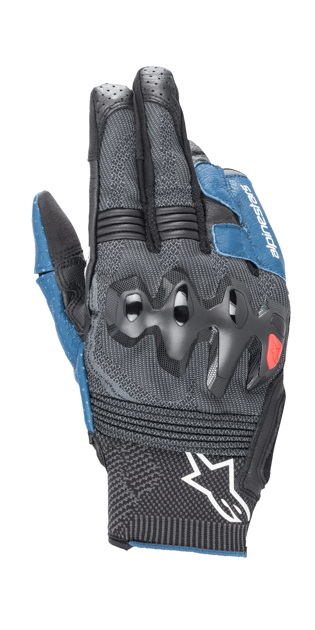 Alpinestars Morph Sport-handsker, motorcykelhandsker, sort og blå Sodalite, med overindstøbte knobeskyttere, MorphTech Weave-baghånd med RIDEKNIT-indsatser, hvidt stjernelogo på manchetten, teknisk tekstureret stof til road racing