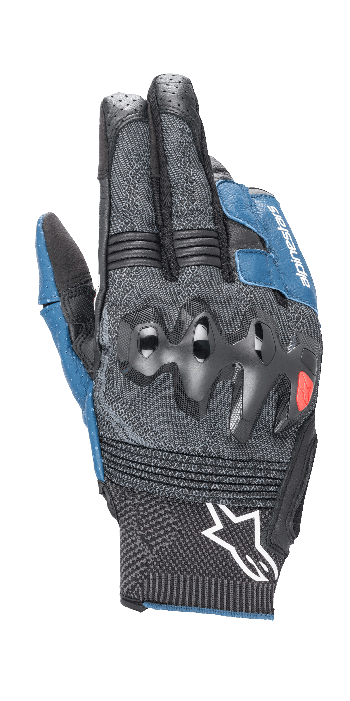 Alpinestars Morph Sport-handsker, motorcykelhandsker, sort og blå Sodalite, med overindstøbte knobeskyttere, MorphTech Weave-baghånd med RIDEKNIT-indsatser, hvidt stjernelogo på manchetten, teknisk tekstureret stof til road racing