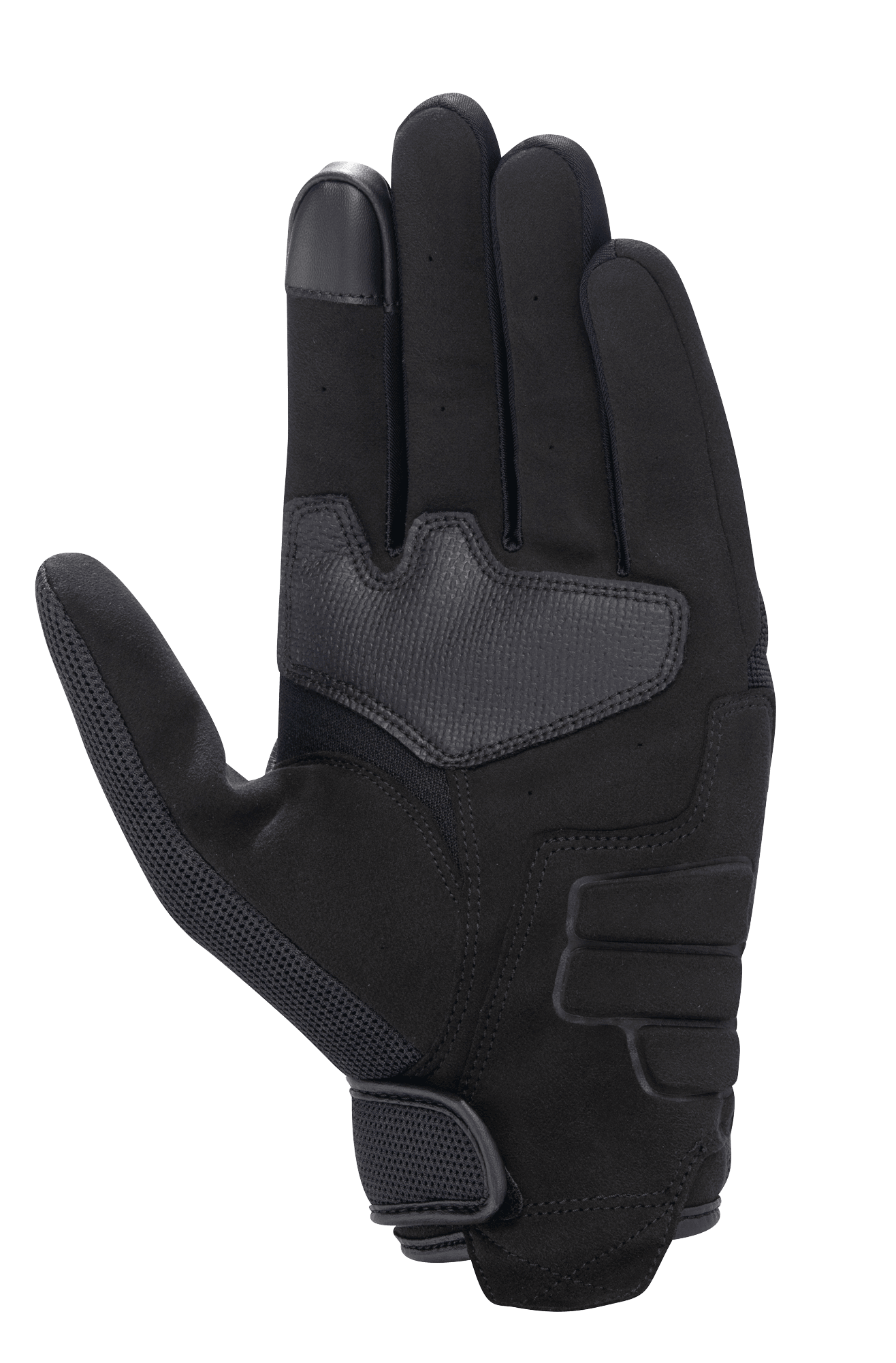 Alpinestars Honda Copper Glove, Black, palm view of urban motorcycle glove featuring synthetic suede construction, reinforced palm area, touchscreen-compatible fingertip, and hook-and-loop wrist closure.