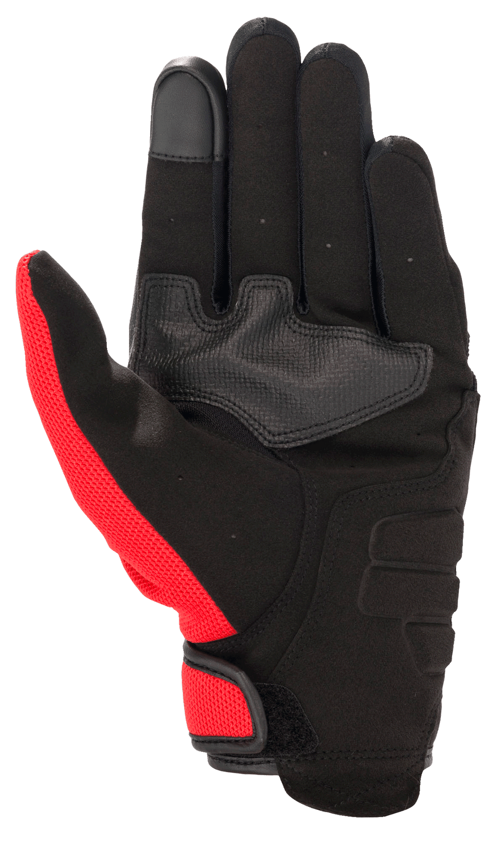 Alpinestars Honda Copper Glove, urban motorcycle glove, black with bright red accents, palm view showing synthetic suede material, reinforced palm patch, touchscreen-compatible fingertip, and hook-and-loop closure.