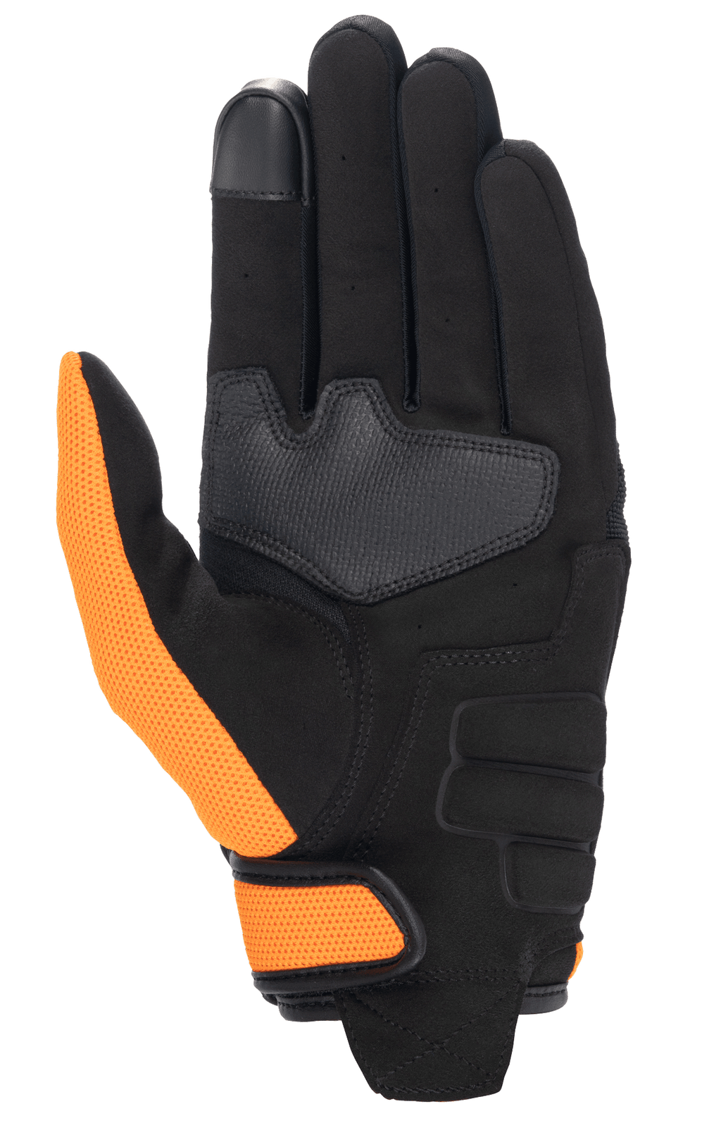 Honda Copper-handske, motorcykelhandske, sort og orange, set fra håndfladen med syntetisk ruskindshåndflade, orange mesh-tommelfinger og håndledsrem, touchscreen-kompatibel pegefingerspids.