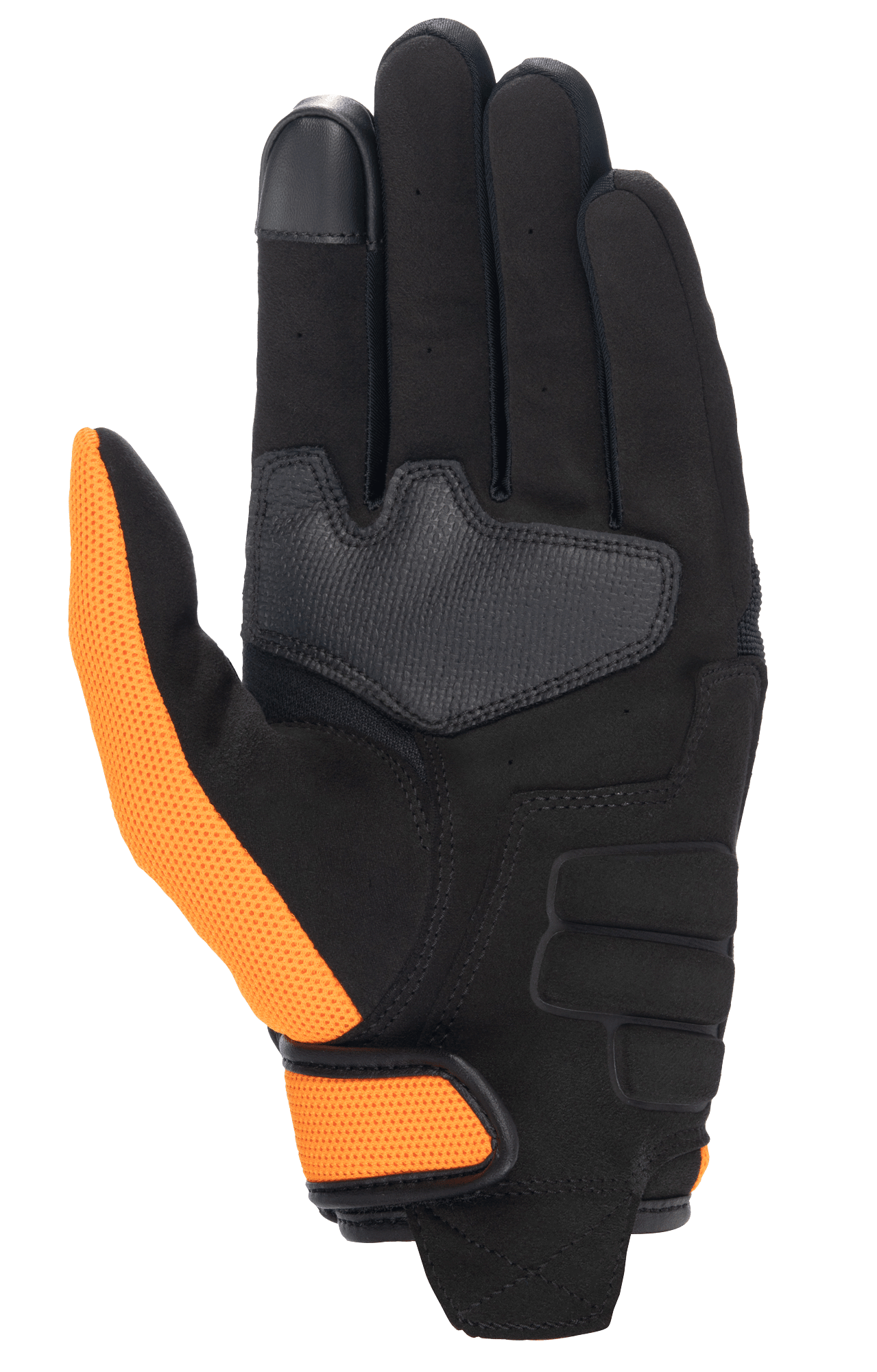 Honda Copper-handske, motorcykelhandske, sort og orange, set fra håndfladen med syntetisk ruskindshåndflade, orange mesh-tommelfinger og håndledsrem, touchscreen-kompatibel pegefingerspids.