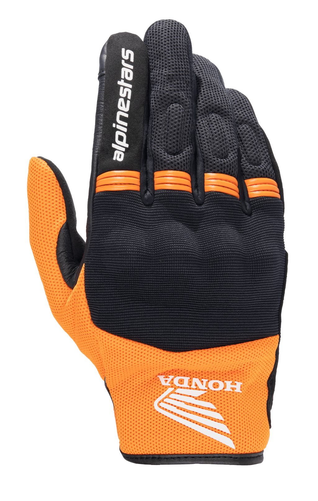 Alpinestars Honda Copper handske, letvægts motorcykelhandske til bykørsel, sort og orange, Honda-vingelogo på håndleddet, Alpinestars-tekst på pegefingeren, mesh-konstruktion, orange harmonika-paneler på knoerne
