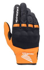 Alpinestars Honda Copper handske, letvægts motorcykelhandske til bykørsel, sort og orange, Honda-vingelogo på håndleddet, Alpinestars-tekst på pegefingeren, mesh-konstruktion, orange harmonika-paneler på knoerne