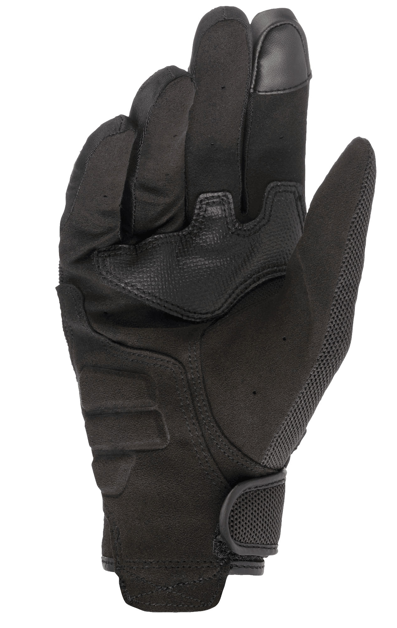 Alpinestars Copper handsker, urban motorcykelhandsker, sort, set fra håndfladesiden med syntetisk ruskindsmateriale, touchscreen-kompatibel fingerspids, forstærket polstring i håndfladen og sikker krog-og-løkke håndledslukning