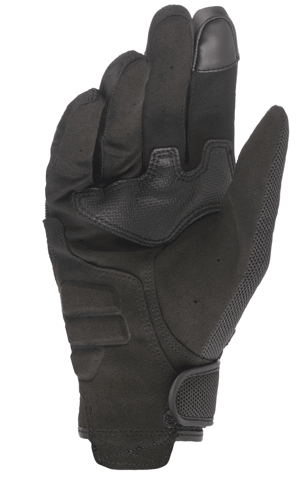Alpinestars Copper-handsker, urbane motorcykelhandsker, sort, set fra håndfladen, viser konstruktion i syntetisk ruskind, forstærket polstring i håndfladen, touchscreen-kompatibel pegefinger og mesh-detaljer med velcro-håndledslukning.
