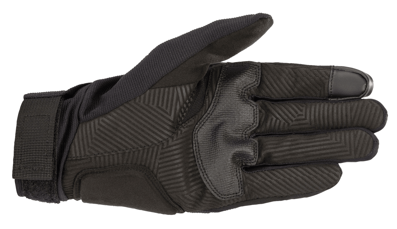 The Reef Glove by Alpinestars EU is a right black glove featuring "alpinestars" branding on the top, with a white logo near the wrist and a black-and-white checkered pattern along the lower edge. Made from stretch fabric, it boasts a synthetic suede palm and is touchscreen compatible, making it ideal for motorcycling or similar sports.