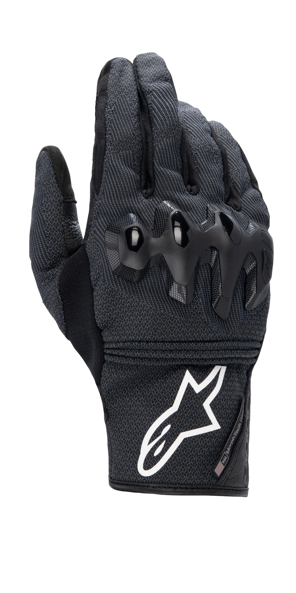 Alpinestars Morph Street Gloves, Black Short-Cuff Motorcycle Gloves, Textured MorphTech Weave fabric with glossy black knuckle protection, prominent white logo on cuff, urban riding gear