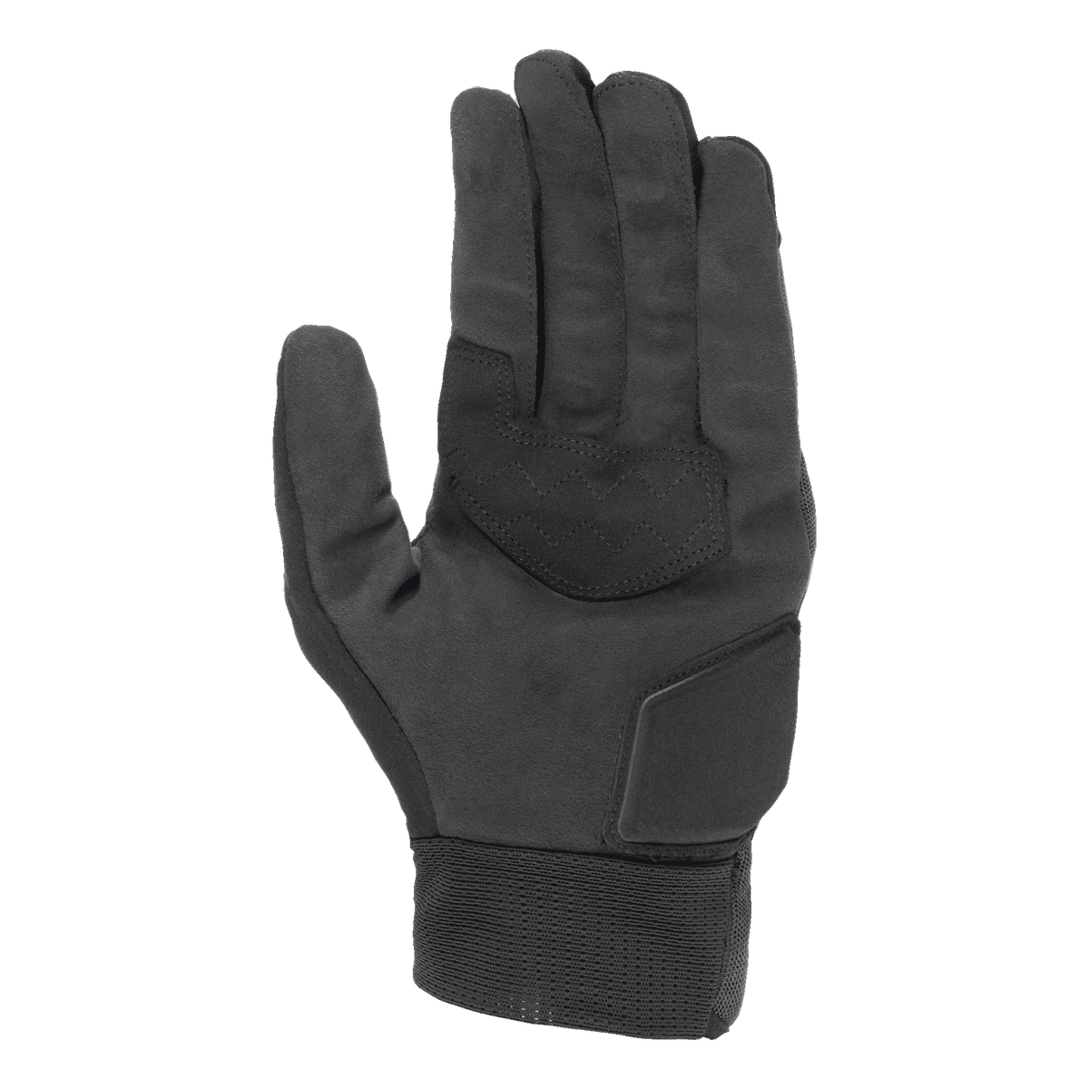 Alpinestars Stated Air handsker, sort, håndfladevisning med blød syntetisk ruskindstekstur, forstærket håndflade med zigzag-syninger for bedre greb, polstret beskyttelse af håndroden og ribbet elastisk manchet