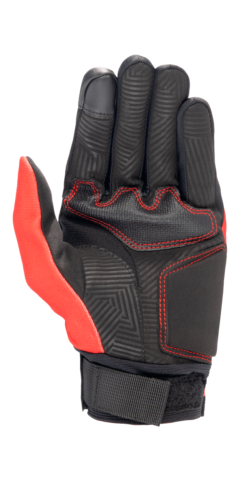Alpinestars Aragon-handske i klar rød og sort, set fra håndfladen med konstruktion i syntetisk ruskind, røde kontrastsyninger, labyrintmønstret varmestempel på fingre og håndflade samt en sort webbing-håndledsrem.