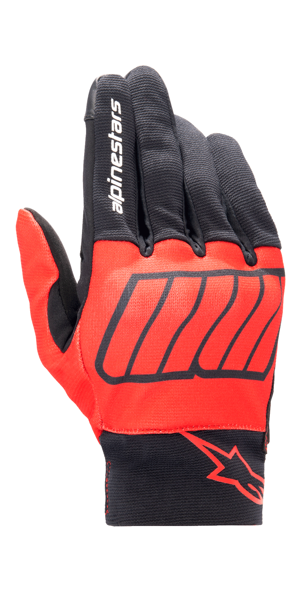 Alpinestars Aragon handsker, motorcykelhandsker, klar rød og sort, Marc Marquez MM93-kollektion, med hvidt Alpinestars-branding på pegefingeren og et rødt stjernelogo på håndleddet, tekstureret strækstof med diagonal grafik, design til bykørsel