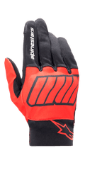 Alpinestars Aragon handsker, motorcykelhandsker, klar rød og sort, Marc Marquez MM93-kollektion, med hvidt Alpinestars-branding på pegefingeren og et rødt stjernelogo på håndleddet, tekstureret strækstof med diagonal grafik, design til bykørsel
