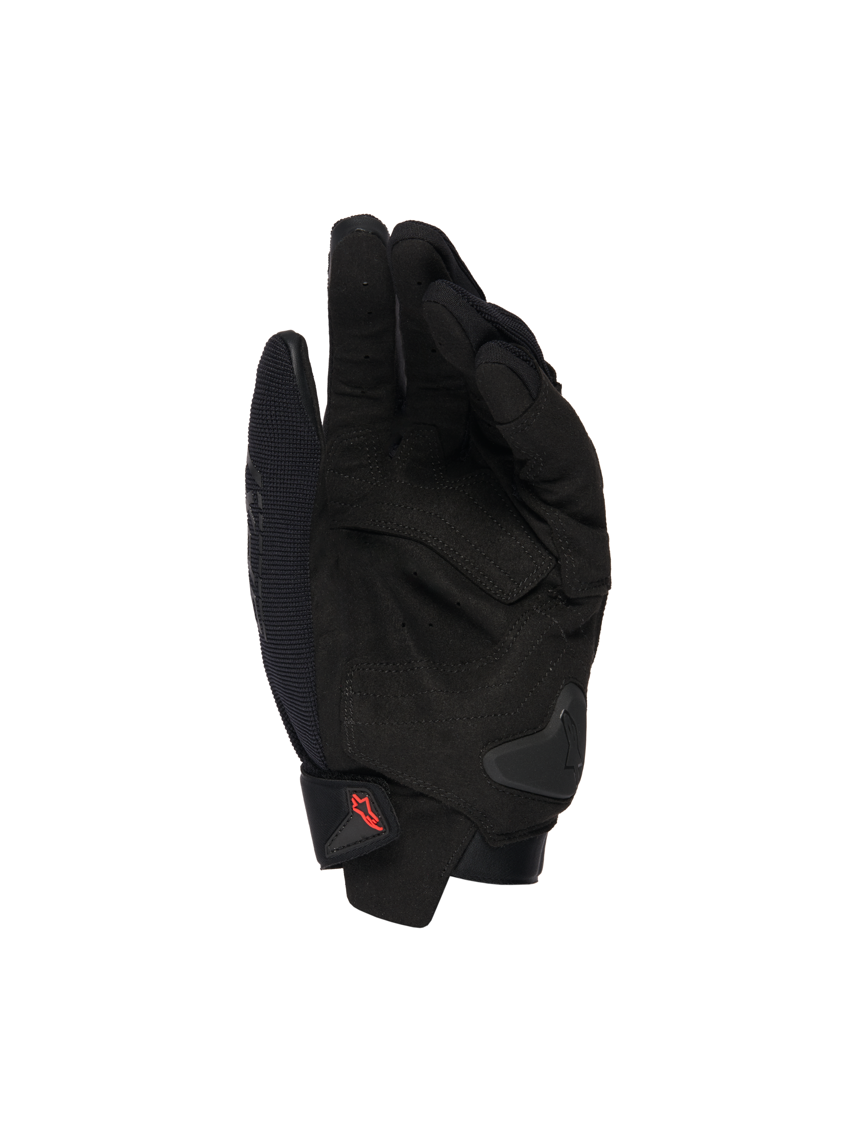 Alpinestars SP X 1 handsker, sorte motorcykelhandsker, håndfladevisning med syntetiske læderoverlejringer, forstærkede slagzoner, TPR-håndfladeslider, kort manchetlukning med rødt logo, beskyttelse til sportskørsel