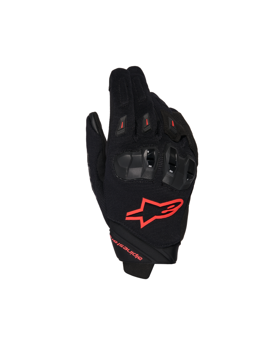 Alpinestars SP X 1 handsker, motorcykelhandsker til race, sort og rød fluo, med rødt logo på håndryggen, ergonomisk sort knobeskyttelse, mesh-tekstilkonstruktion og elegant kort manchet-design til sportskørsel