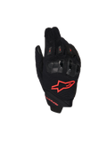 Alpinestars SP X 1 handsker, motorcykelhandsker til race, sort og rød fluo, med rødt logo på håndryggen, ergonomisk sort knobeskyttelse, mesh-tekstilkonstruktion og elegant kort manchet-design til sportskørsel
