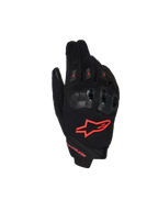 Alpinestars SP X 1 handsker, motorcykelhandsker til race, sort og rød fluo, med rødt logo på håndryggen, ergonomisk sort knobeskyttelse, mesh-tekstilkonstruktion og elegant kort manchet-design til sportskørsel