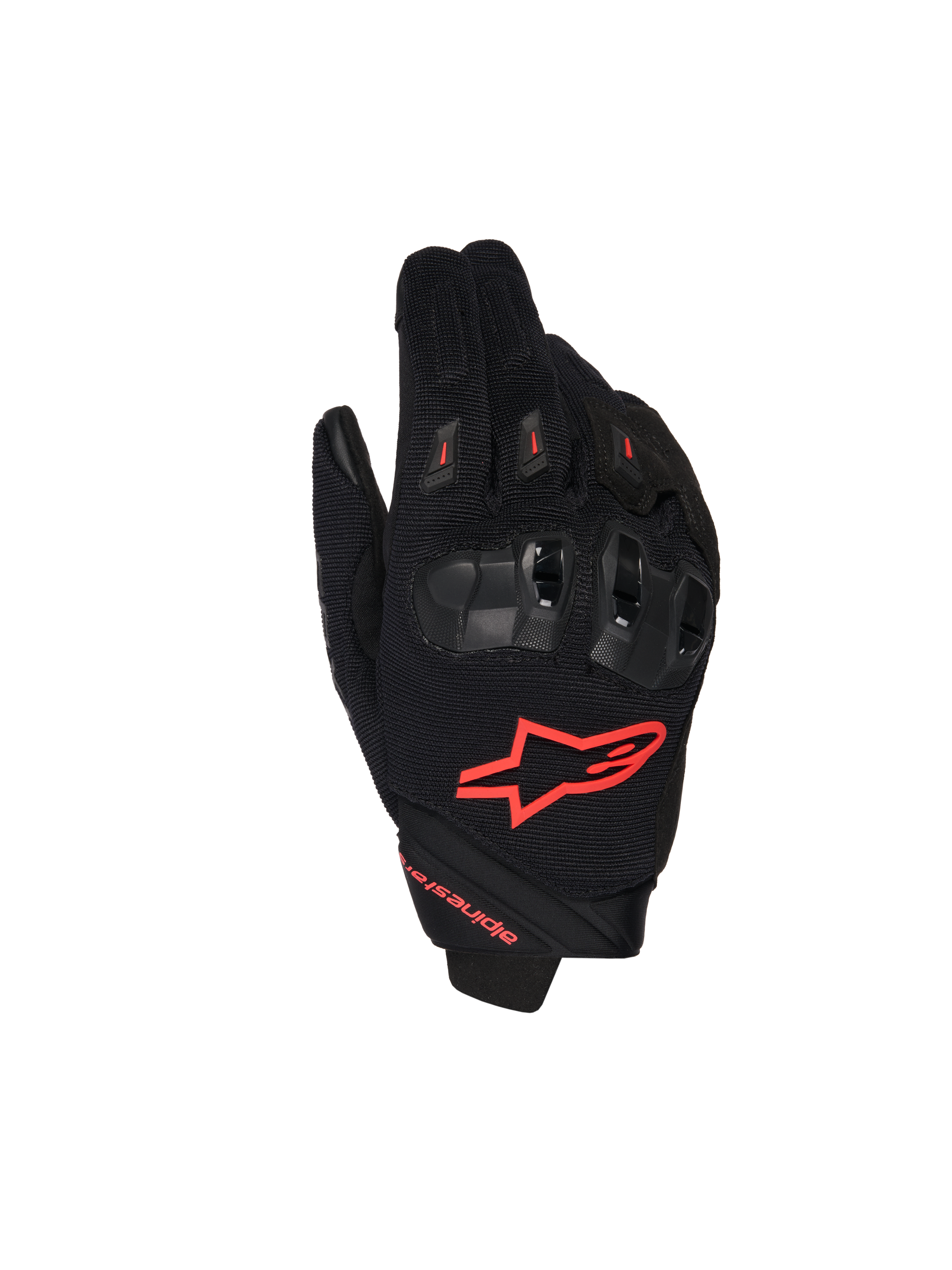 Alpinestars SP X 1 handsker, motorcykelhandsker til race, sort og rød fluo, med rødt logo på håndryggen, ergonomisk sort knobeskyttelse, mesh-tekstilkonstruktion og elegant kort manchet-design til sportskørsel