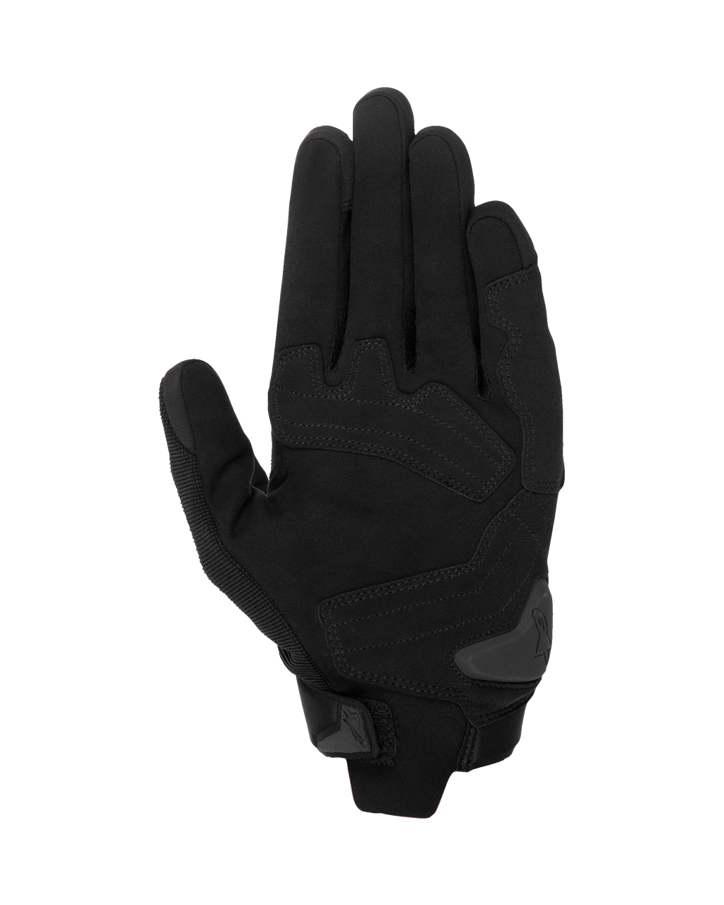 Alpinestars SP X 1 handsker, Sort/Sort motorcykelhandsker, håndfladevisning der viser konstruktion i syntetisk læder med forstærkede slagzoner, TPR-håndfladeslider og kompakt manchetlukning.