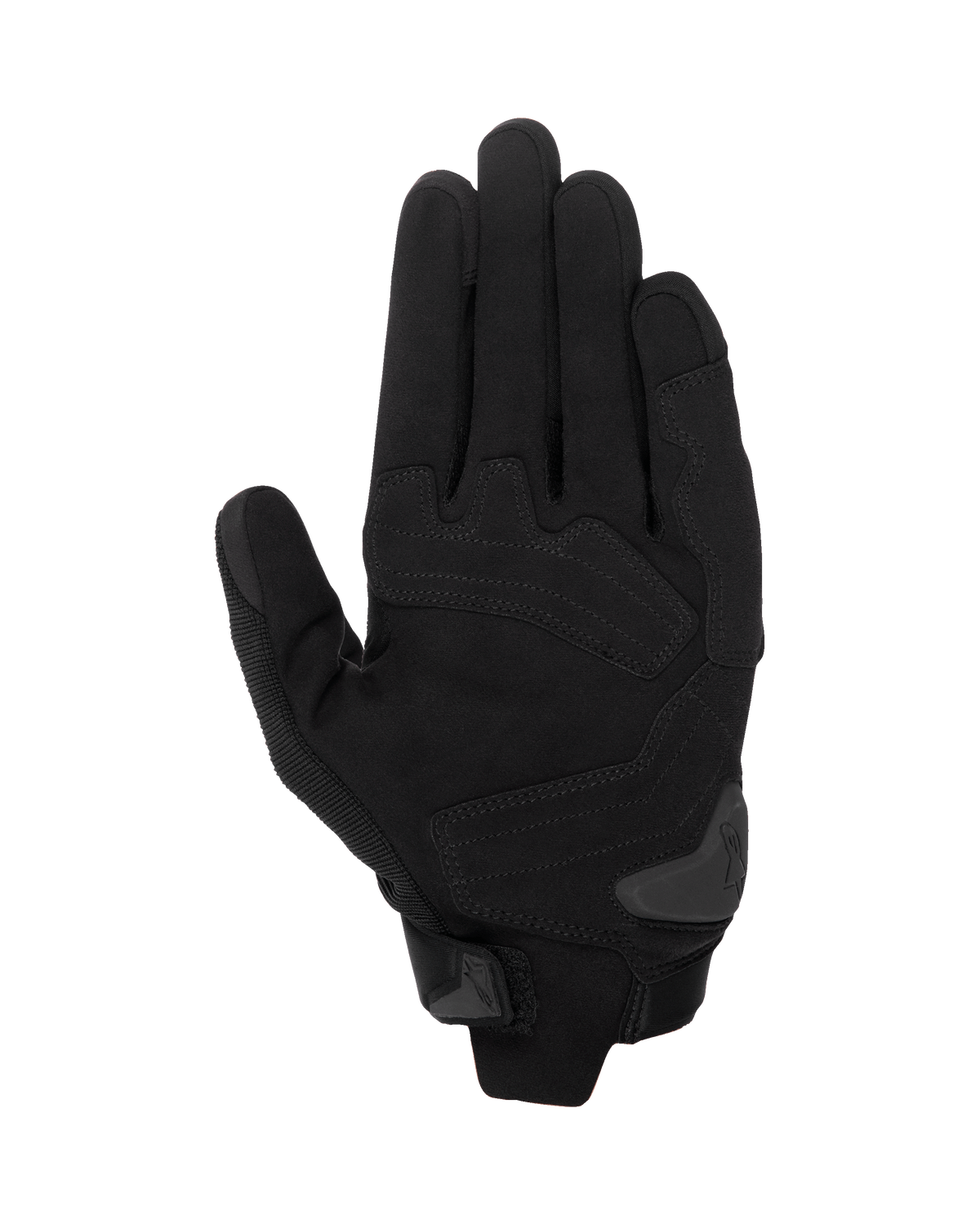 Alpinestars SP X 1 handsker, Sort/Sort motorcykelhandsker, håndfladevisning der viser konstruktion i syntetisk læder med forstærkede slagzoner, TPR-håndfladeslider og kompakt manchetlukning.