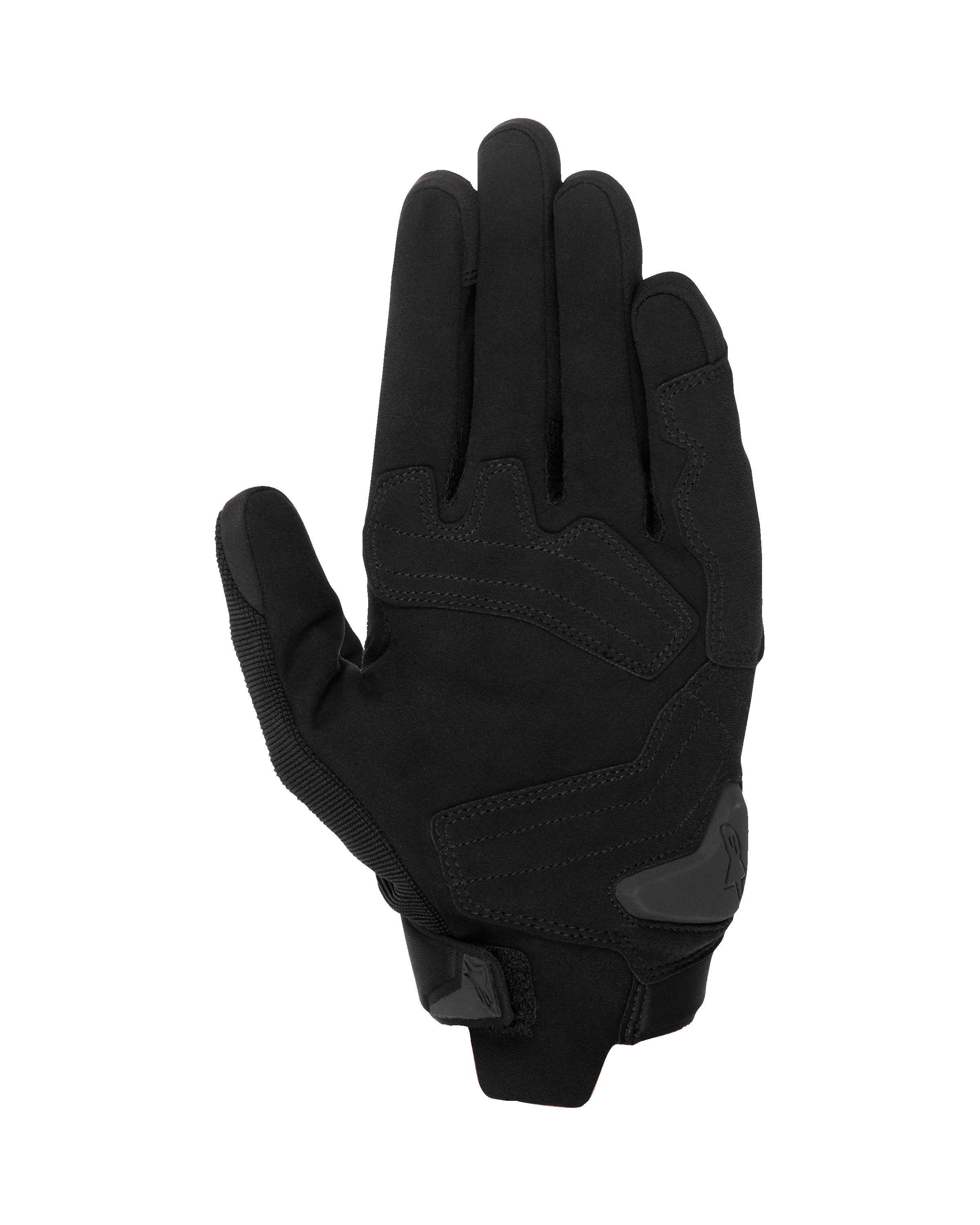 Alpinestars SP X 1 handsker, Sort/Sort motorcykelhandsker, håndfladevisning der viser konstruktion i syntetisk læder med forstærkede slagzoner, TPR-håndfladeslider og kompakt manchetlukning.