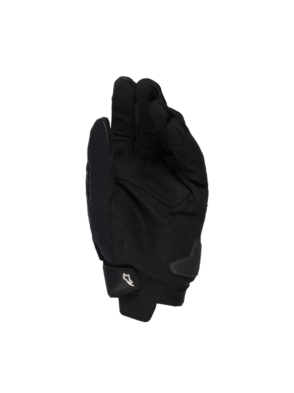 Alpinestars SP X 1 handsker, sort, håndfladevisning der viser syntetisk læderkonstruktion for greb, TPR-håndfladeslider til stødbeskyttelse og justerbar manchet med hvidt Alpinestars-logo, motorcykelsportudstyr