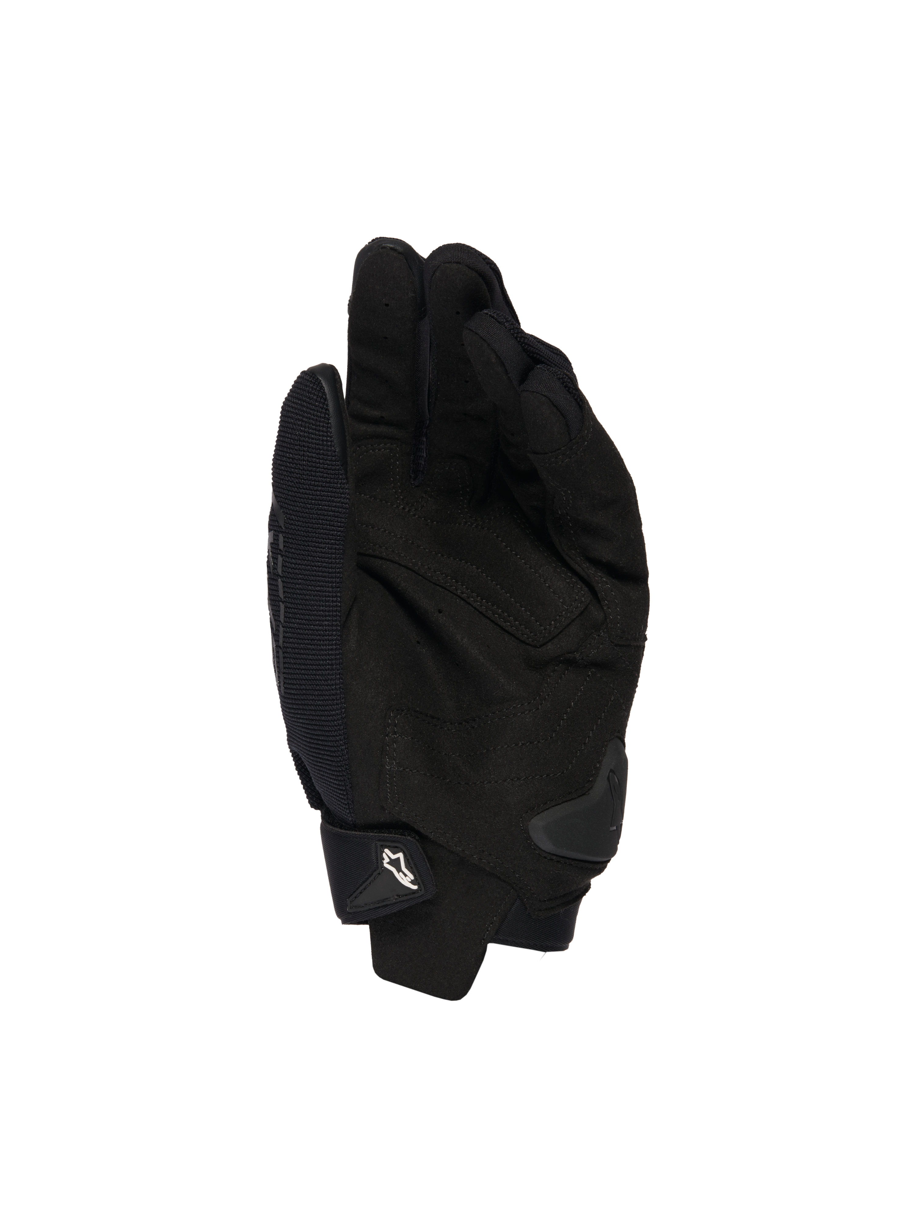 Alpinestars SP X 1 handsker, sort, håndfladevisning der viser syntetisk læderkonstruktion for greb, TPR-håndfladeslider til stødbeskyttelse og justerbar manchet med hvidt Alpinestars-logo, motorcykelsportudstyr