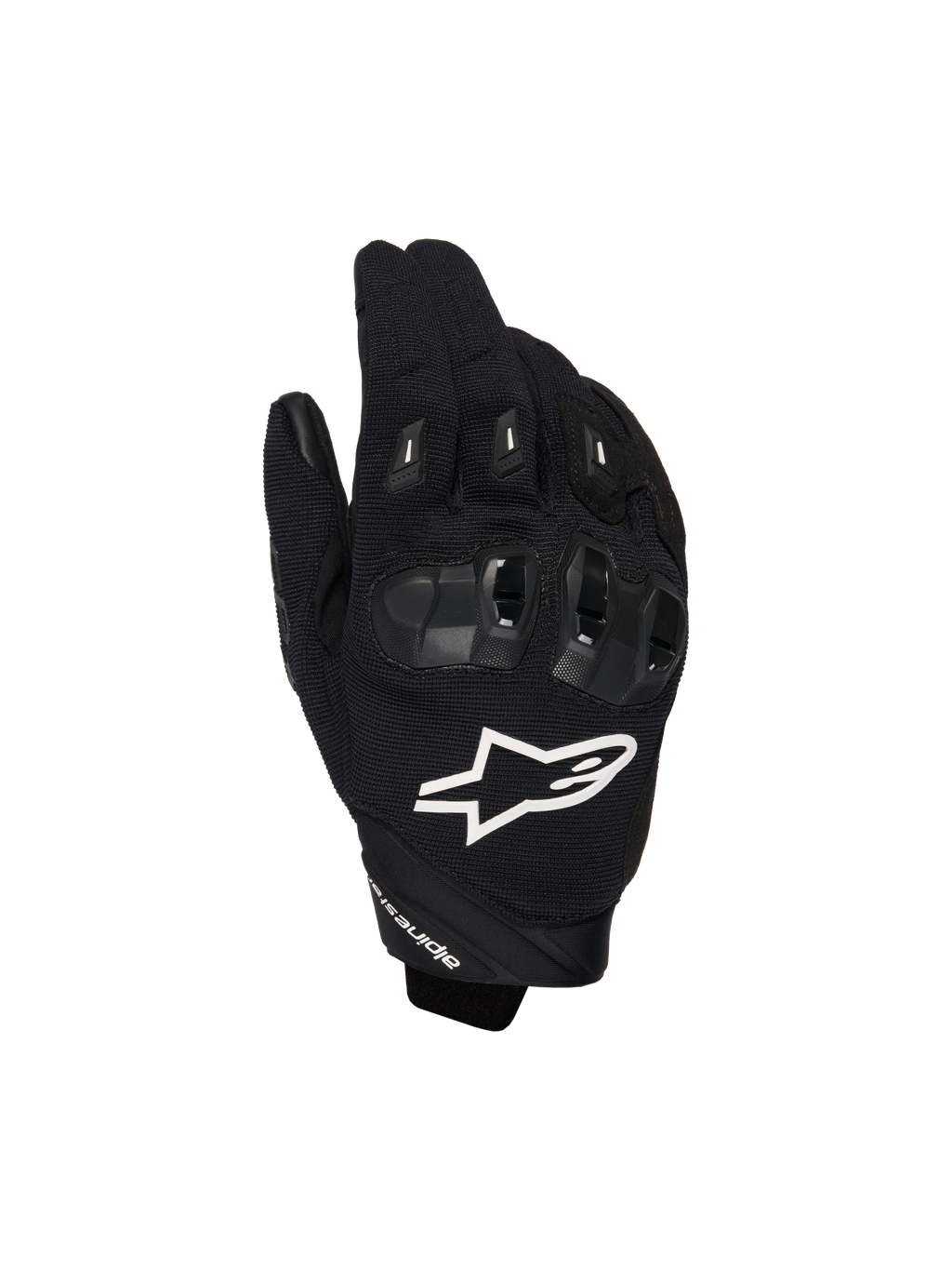 Alpinestars SP X 1 handsker, sportshandsker til motorcykel, sort med hvidt logo, set fra oven viser TPR-knobeskyttelse og ventileret mesh-stof, beskyttelsesudstyr til vej- og sportskørsel